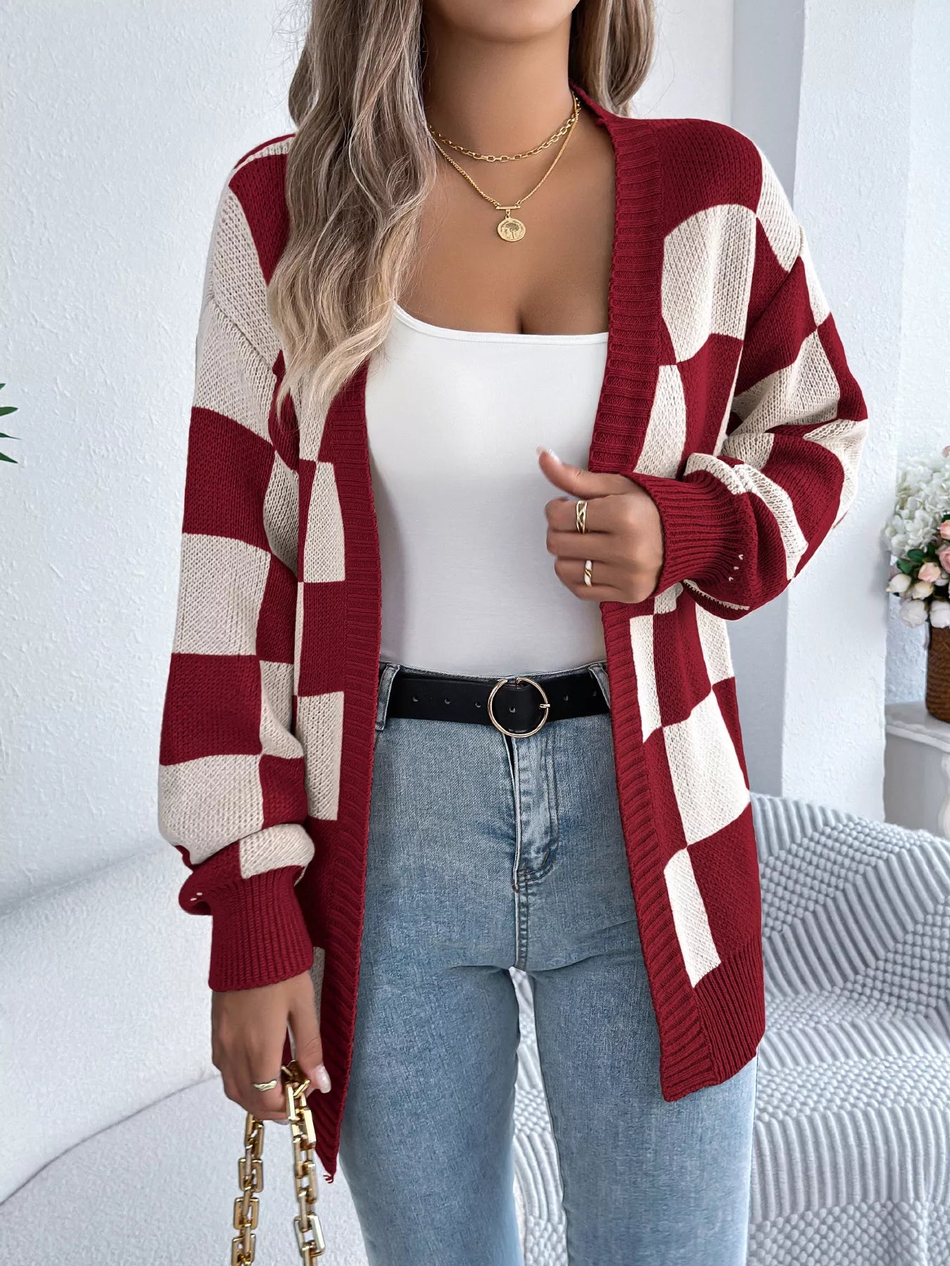 Checkered Pattern Open Front Cardigan OutfitFlow