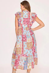 Umgee Full Size Tie Neck Double Layered Ruffle Sleeve Midi Dress Plus Size OutfitFlow