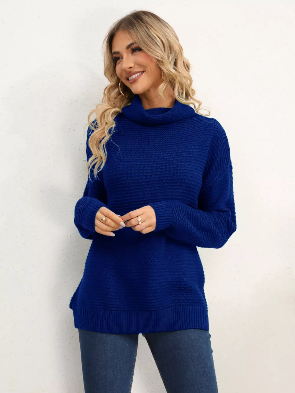 Slit Turtleneck Dropped Shoulder Sweater Trendsi