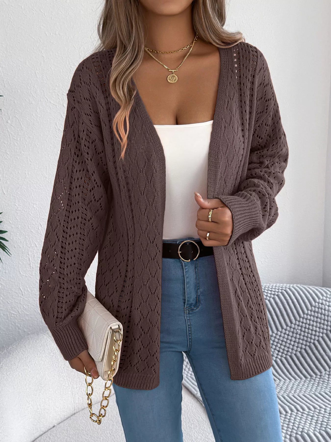 Openwork Open-Front Long Sleeve Cardigan OutfitFlow