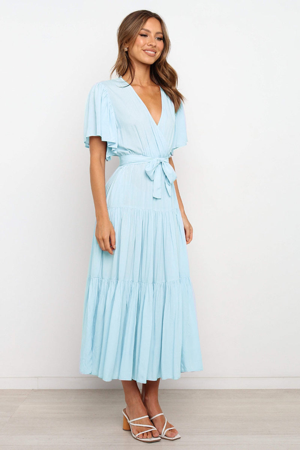 Tied Back Tiered Short Sleeve Midi Dress OutfitFlow
