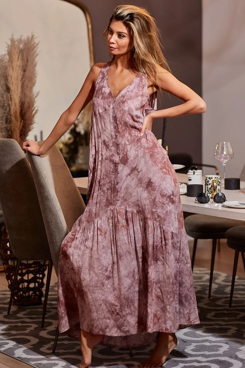 BiBi Tie-Dye Sleeveless V-Neck Dress MOCHA MULTI OutfitFlow