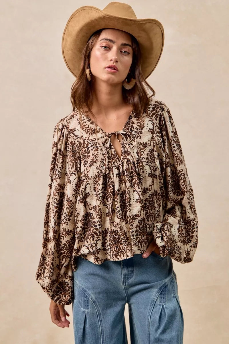 BiBi Printed Woven Front Tied Blouse with Baloon Sleeve OutfitFlow