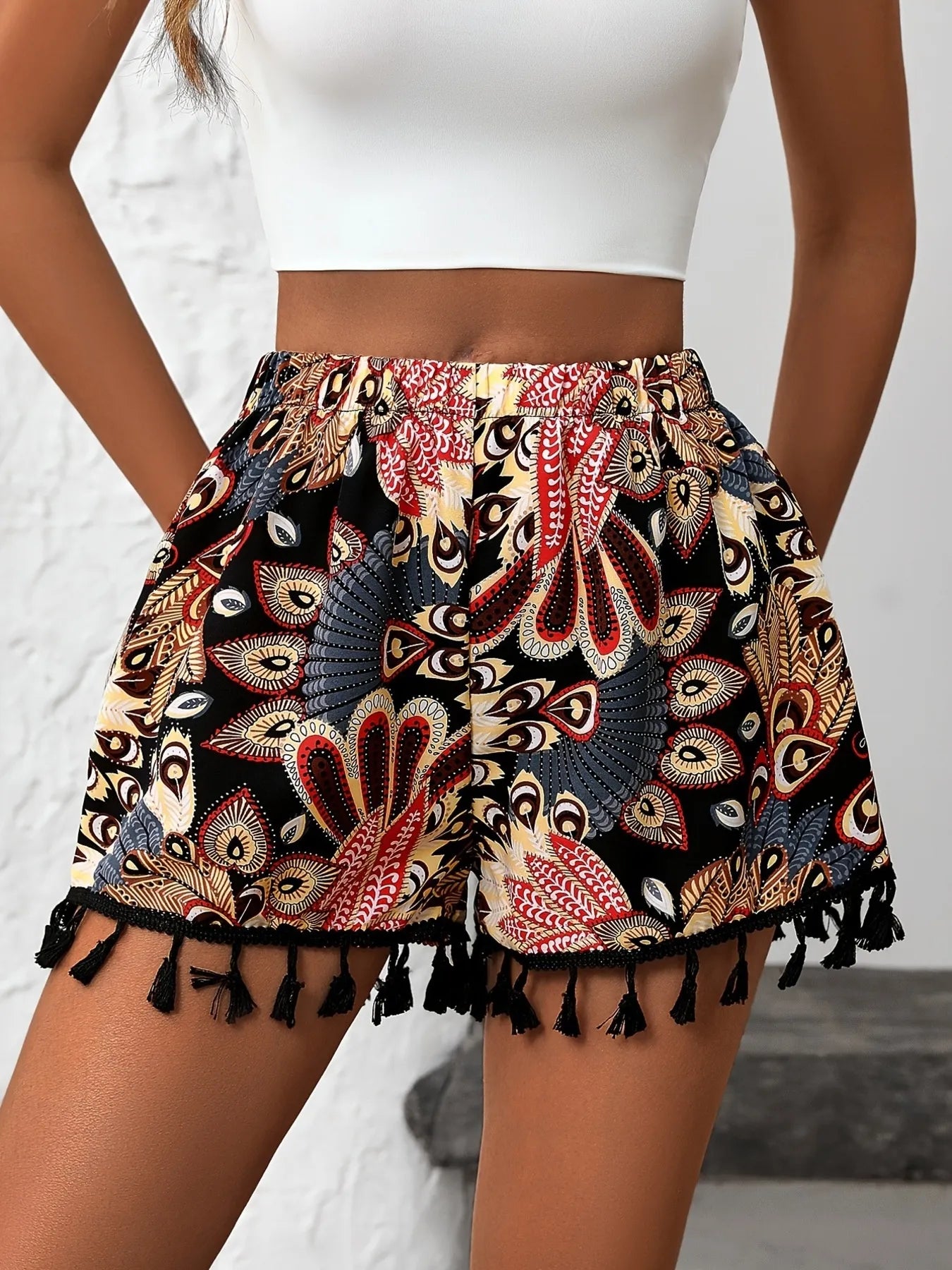 Paisley Print Tassel Hem Shorts OutfitFlow