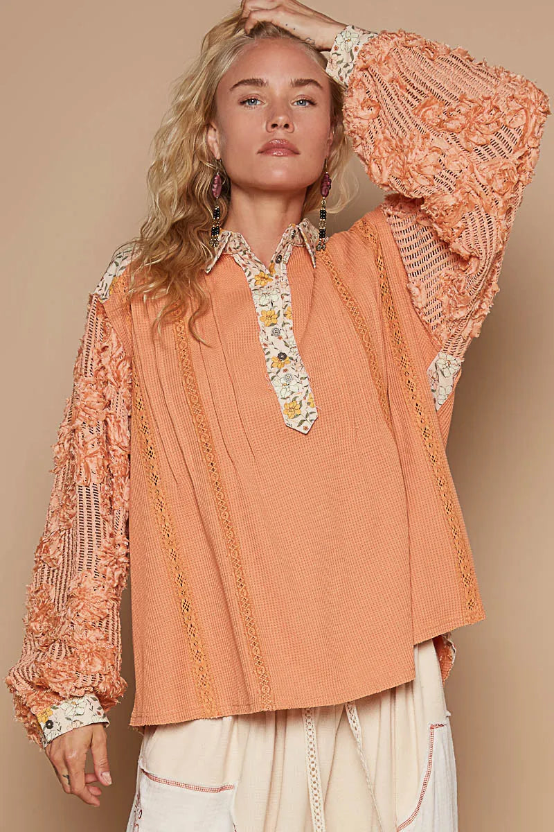 POL Floral Half Button Lace Detail Long Sleeve Top OutfitFlow