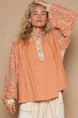 POL Floral Half Button Lace Detail Long Sleeve Top OutfitFlow