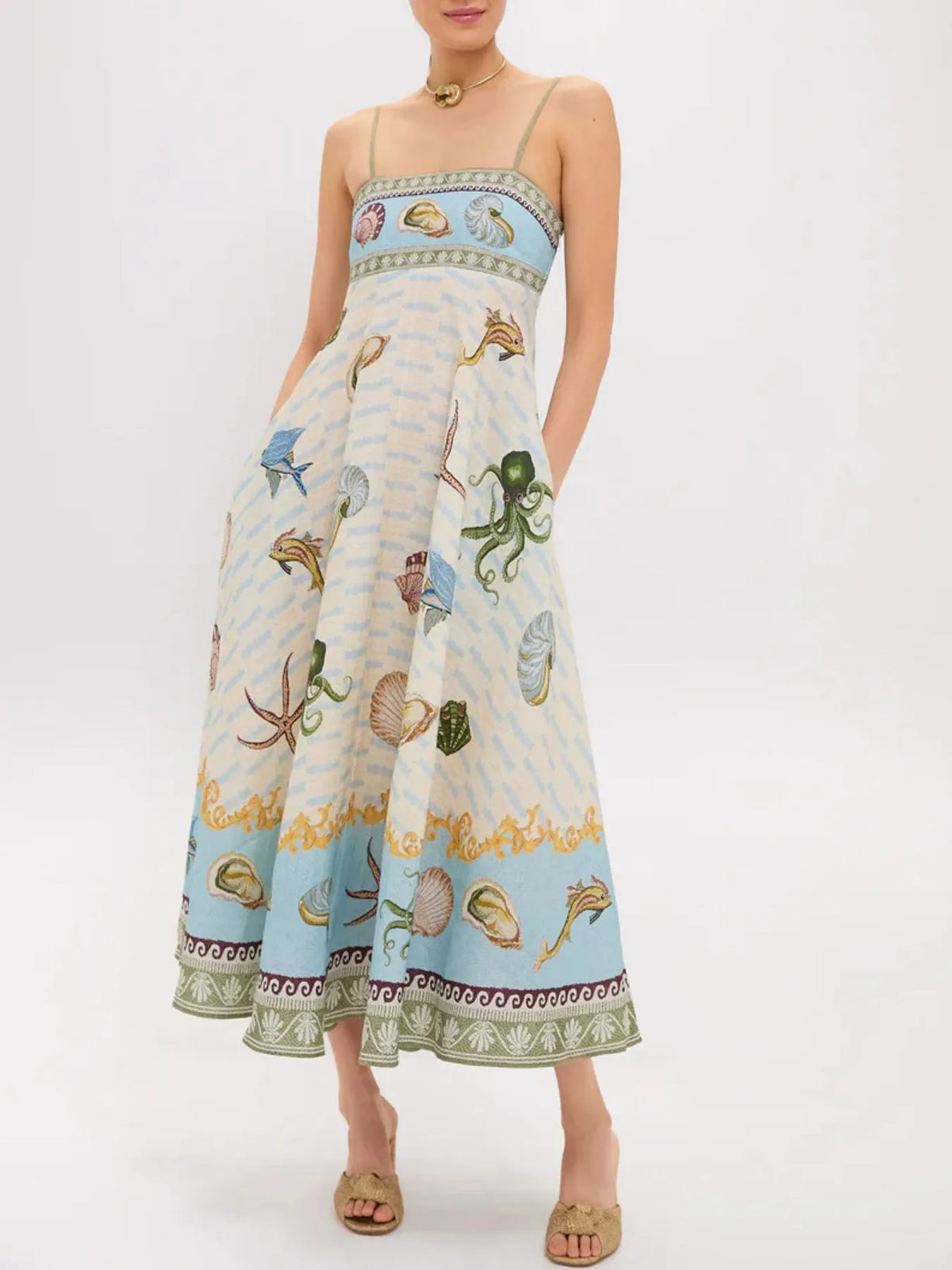 Ocean Print Spaghetti Strap Midi Dress Picture Color OutfitFlow