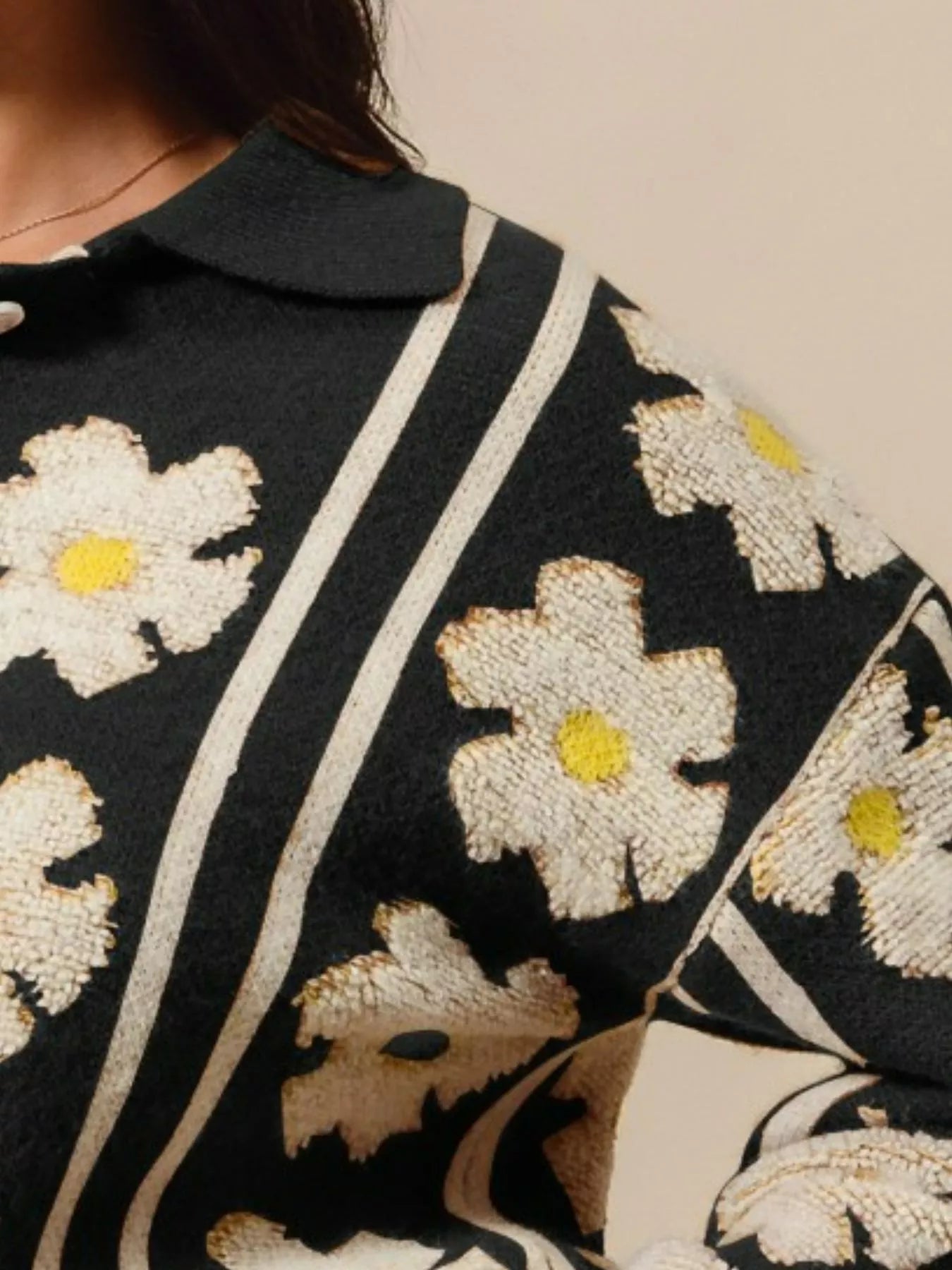SO ME Floral Stripe Polo Collar Sweater OutfitFlow