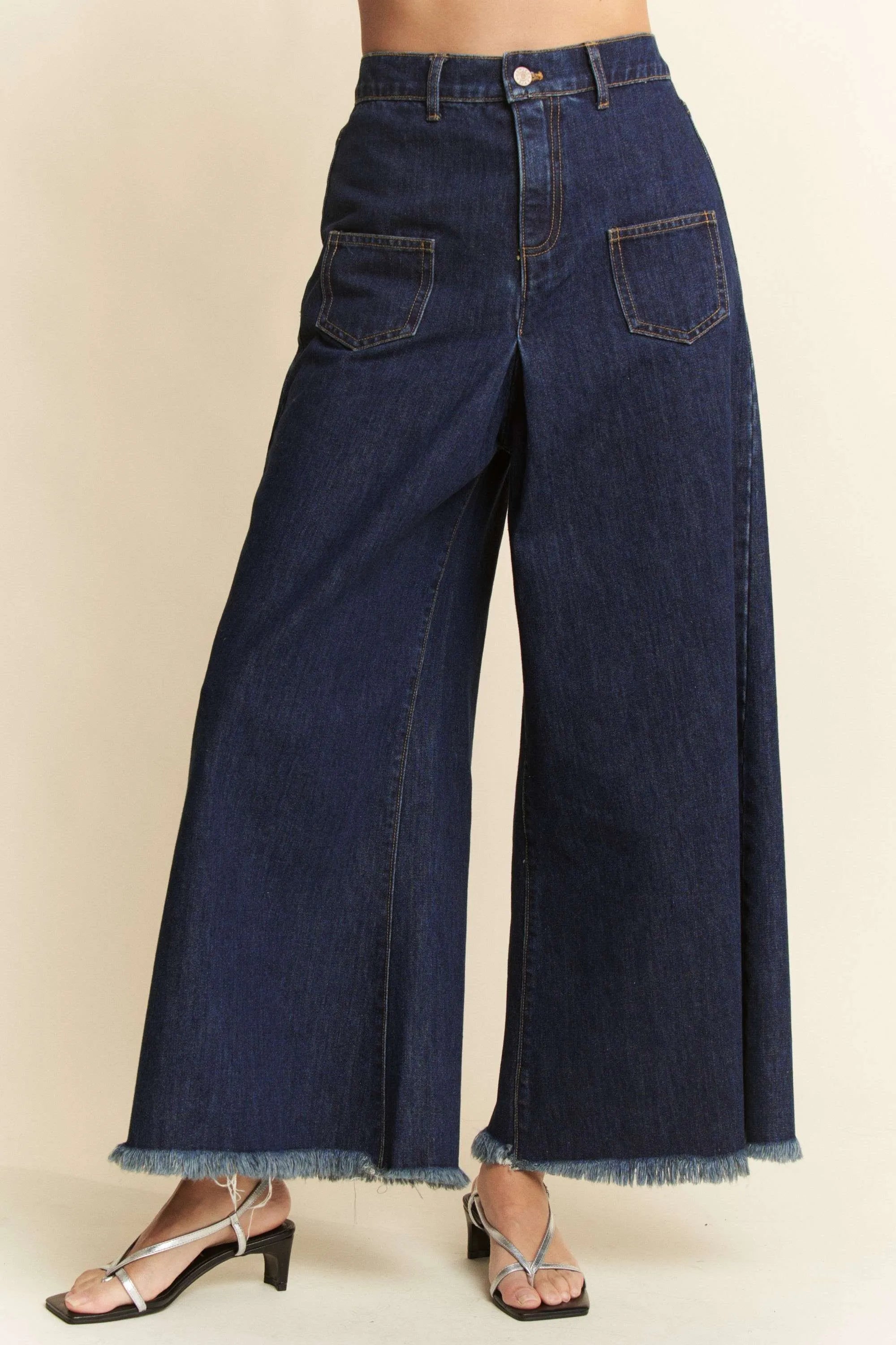 Davi & Dani Patch Pocket Wide Leg Culotte Jeans OutfitFlow