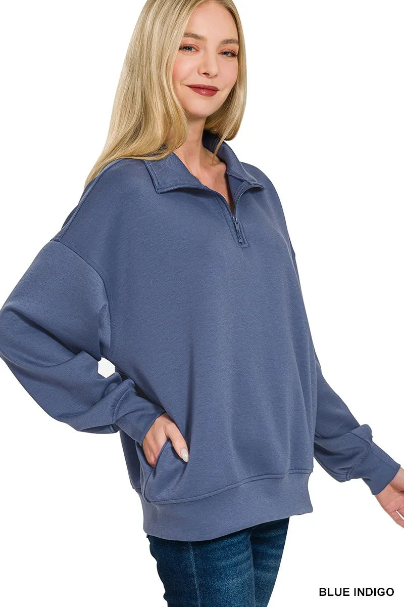 Zenana Scuba Quarter-Zip Sweatshirt Trendsi