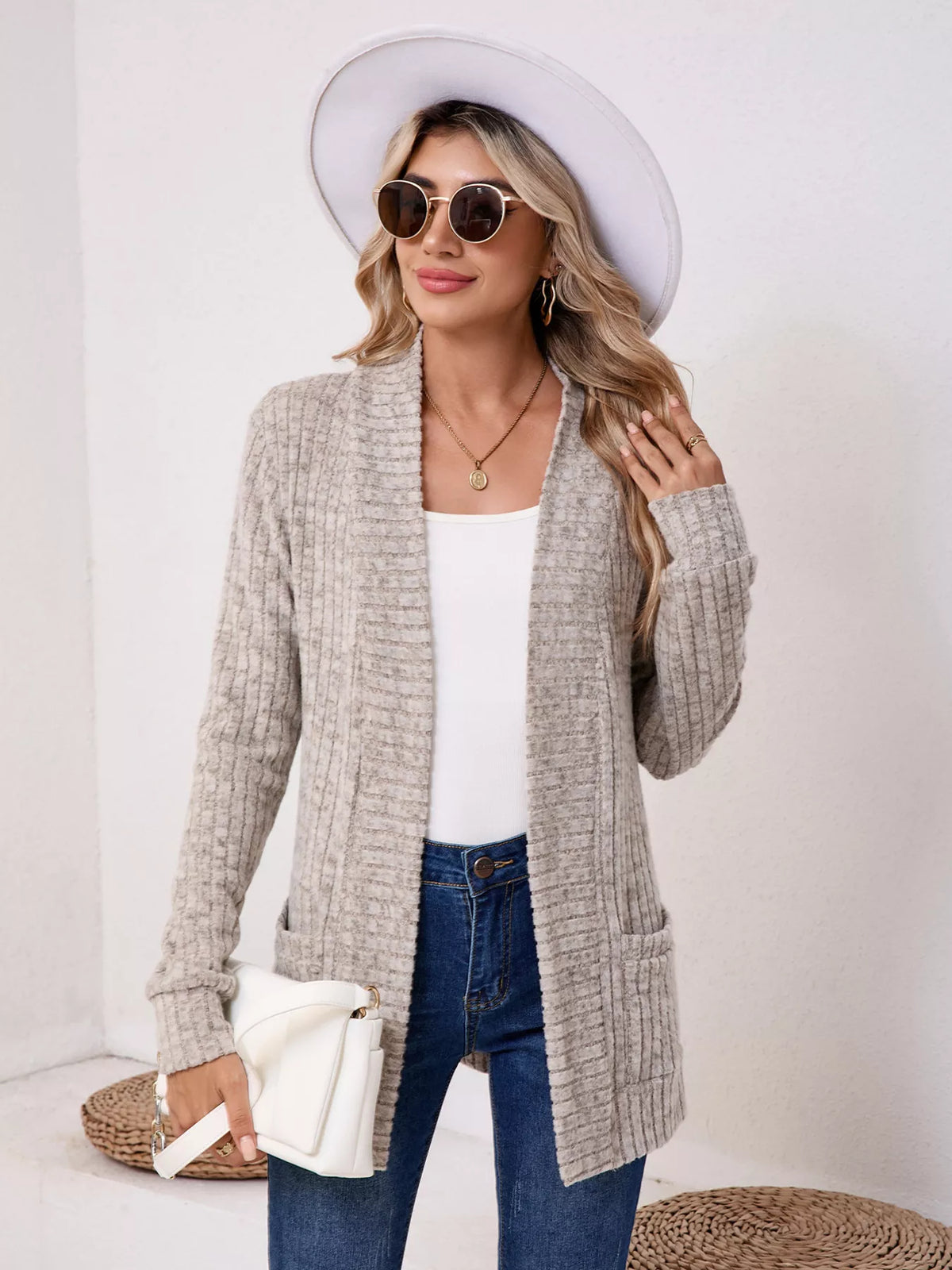 Casual Knit Open Front Cardigan Khaki OutfitFlow