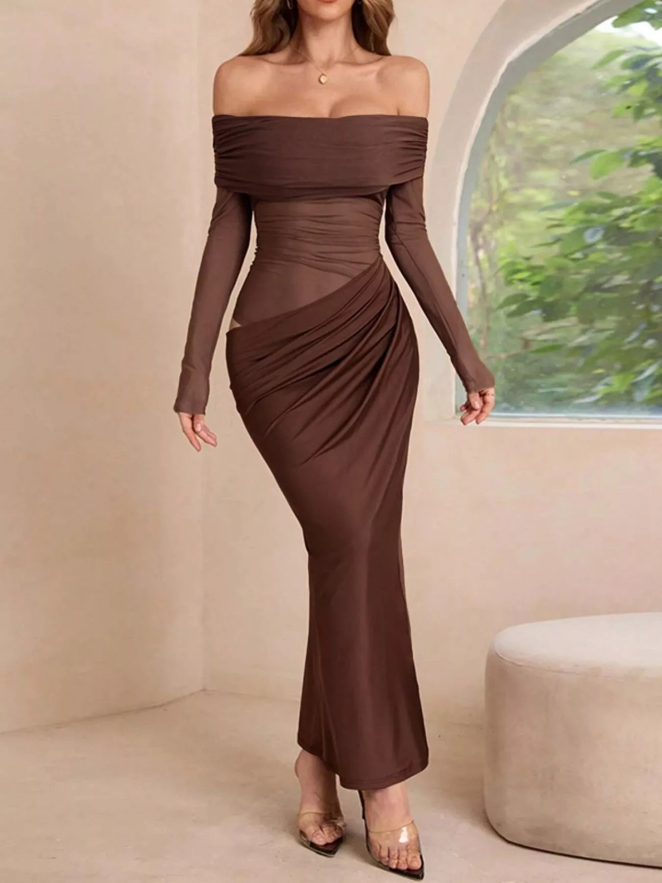 Off-Shoulder Long Sleeve Ruched Bodycon Maxi Dress Dark Brown OutfitFlow
