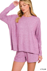 Zenana Soft Melange Long Sleeve Tee and Shorts Set OutfitFlow