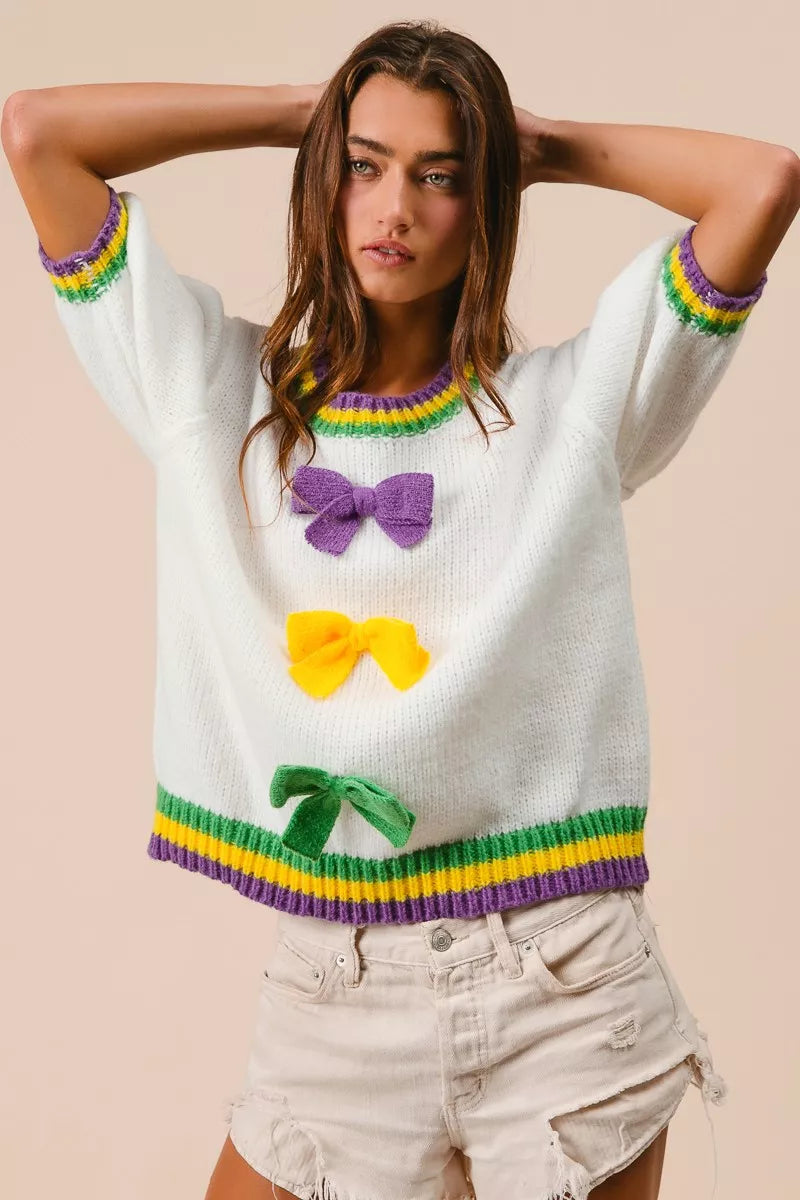 BiBi Short Puff Sleeve Ribbon Bow Mardi Gras Sweater OutfitFlow