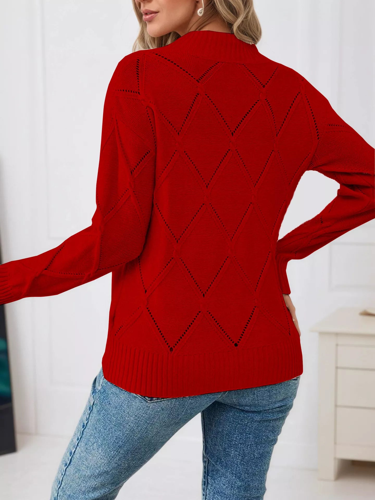 Long Sleeve Diamond Eyelet Knit Top OutfitFlow