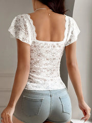Lace V-Neck Flutter Sleeve Top OutfitFlow