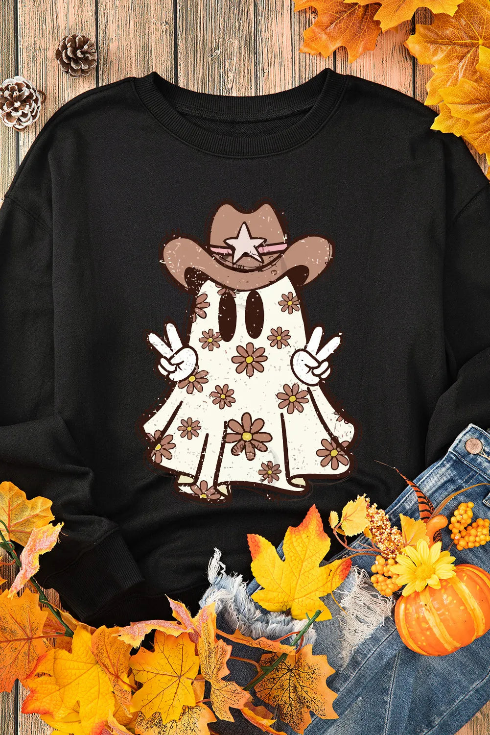 Ghost Round Neck Long Sleeve Sweatshirt OutfitFlow