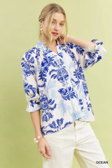 Umgee Leafy Damask Print Blouse with Contrast Scalloped Trim Detail OutfitFlow