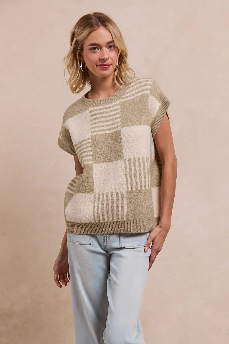 BiBi Checker With Stripes Pattern Sleeveless Sweater OutfitFlow