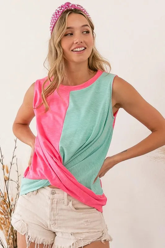 BiBi Slub Terry Color Block Twisted Top OutfitFlow