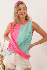 BiBi Slub Terry Color Block Twisted Top OutfitFlow