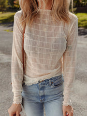 Sheer Plaid Mesh Lettuce Trim Slim Fit Long Sleeve Top Beige OutfitFlow