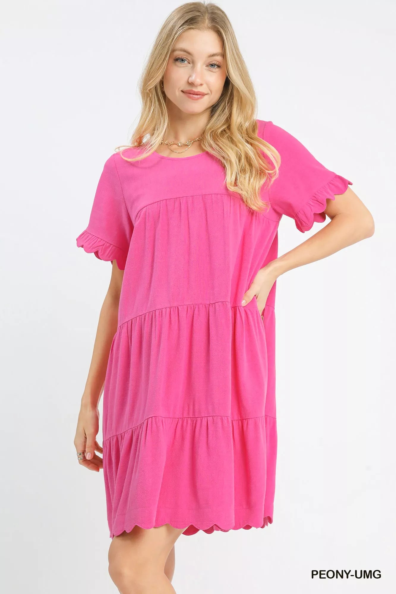 Umgee Linen Tiered Babydoll Dress with Ruffle Sleeves PEONY-UMG Trendsi
