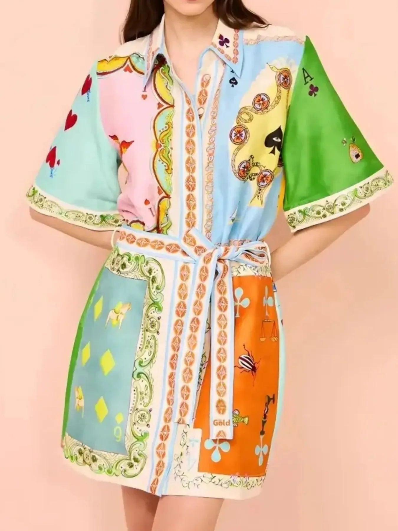 Printed Tie Waist Mini Shirt Dress OutfitFlow