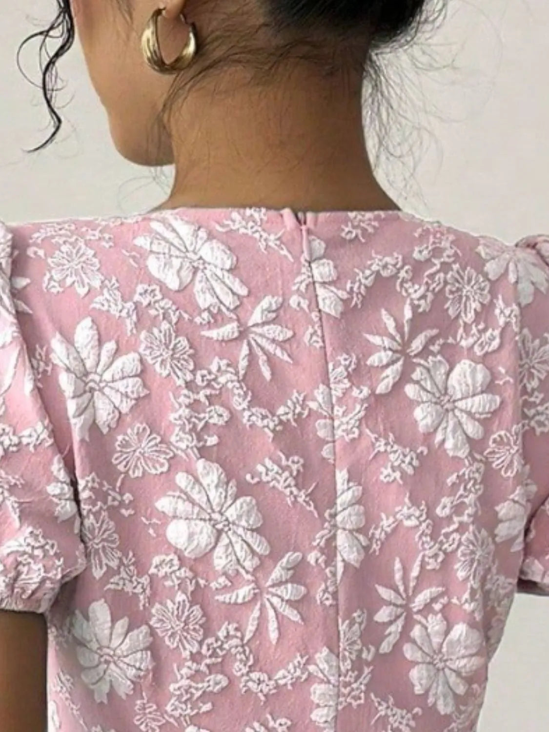 Ruffled Hem Flower Round Neck Short Sleeve Dress OutfitFlow