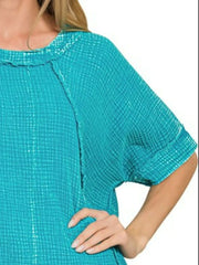 Zenana Washed Double Gauze Exposed Seam Short Sleeve Top Trendsi
