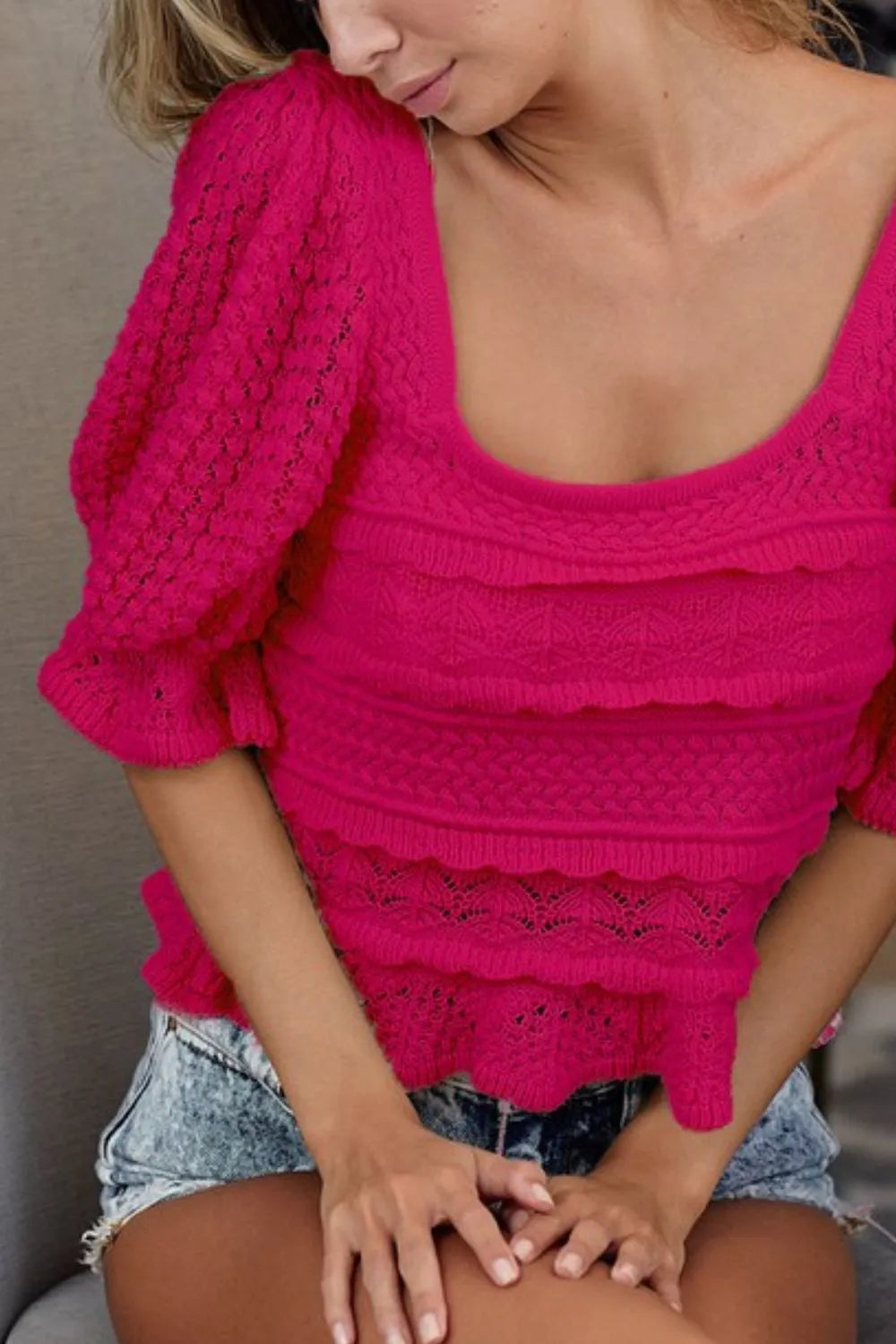 BiBi Square Neckline with Puff Sleeve Crochet Top OutfitFlow