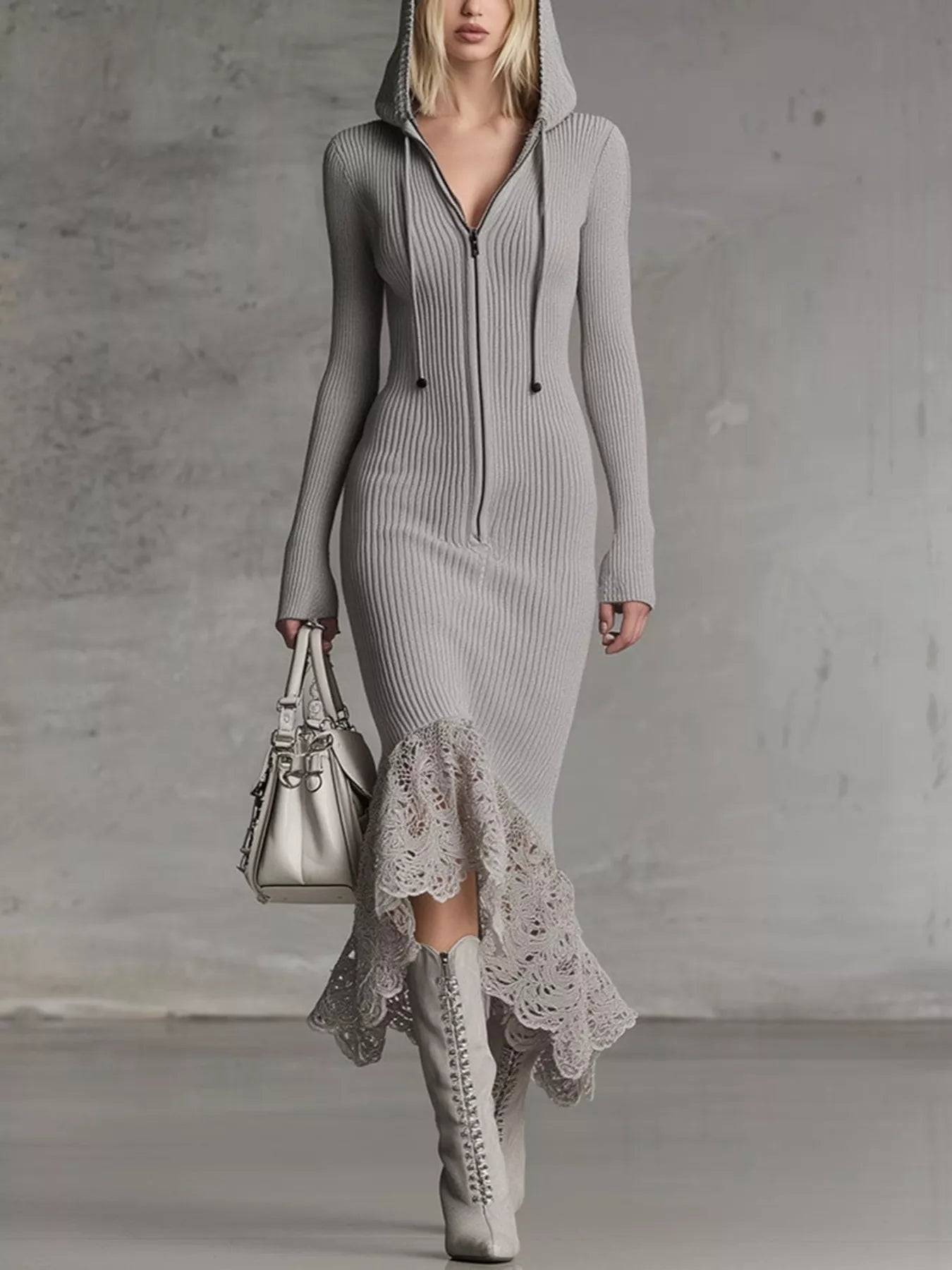 Hooded Ribbed Knit Lace Hem Midi Dress Gray Trendsi
