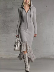 Hooded Ribbed Knit Lace Hem Midi Dress Gray Trendsi