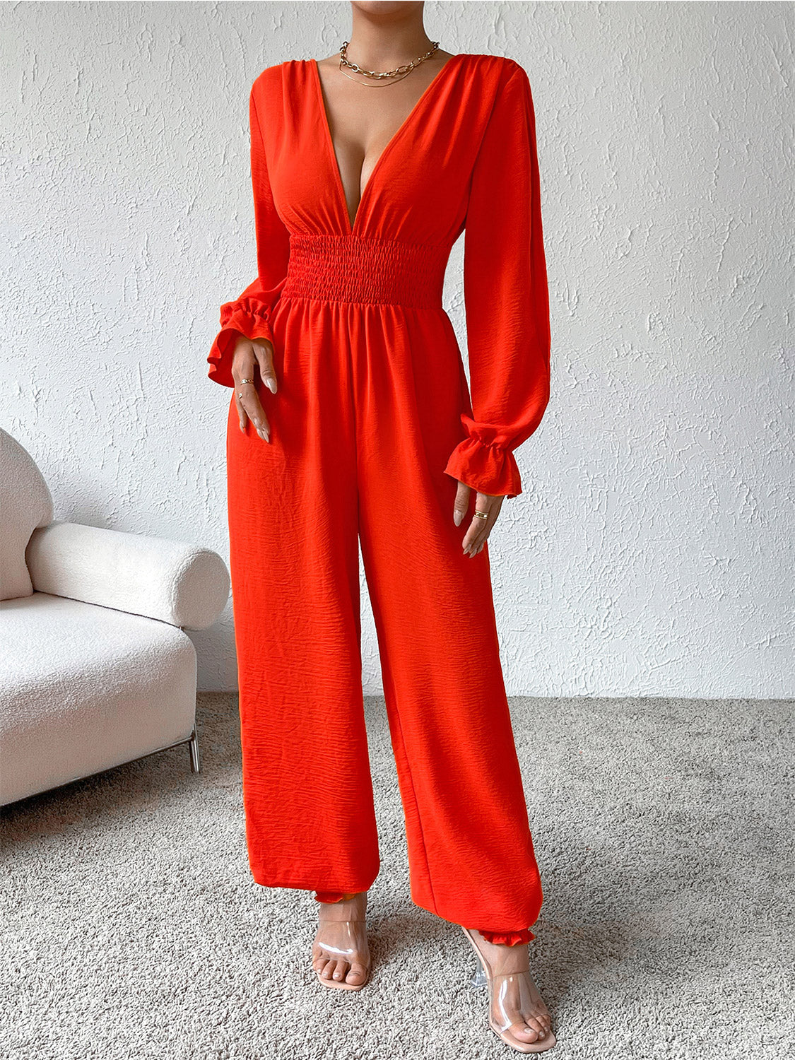 Outfit Flow - Honey Plunge Smocked Flounce Sleeve Jumpsuit