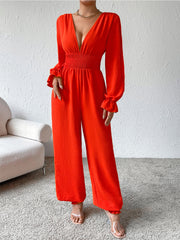 Outfit Flow - Honey Plunge Smocked Flounce Sleeve Jumpsuit