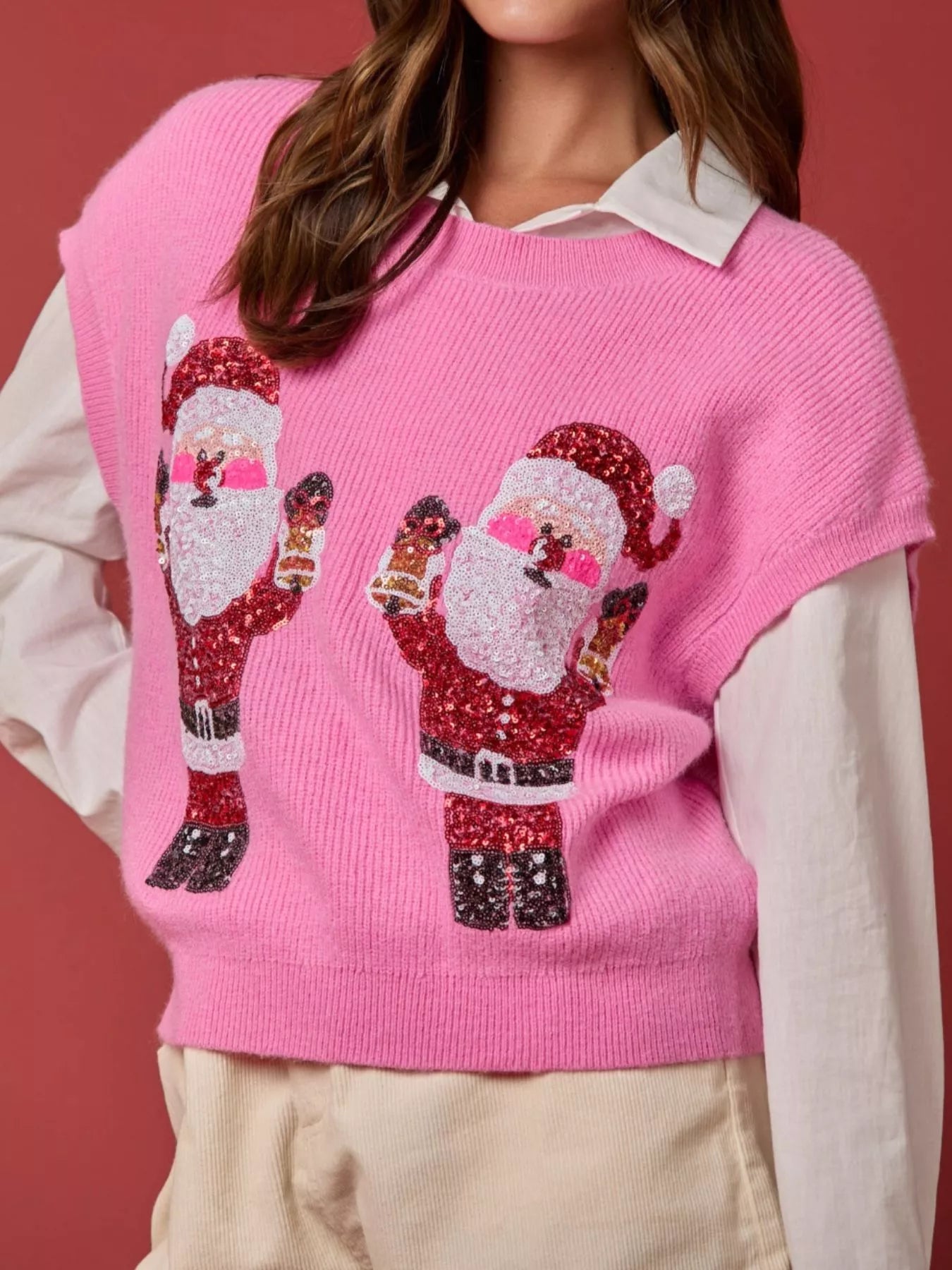 Christmas Sequin Round Neck Sweater Vest OutfitFlow