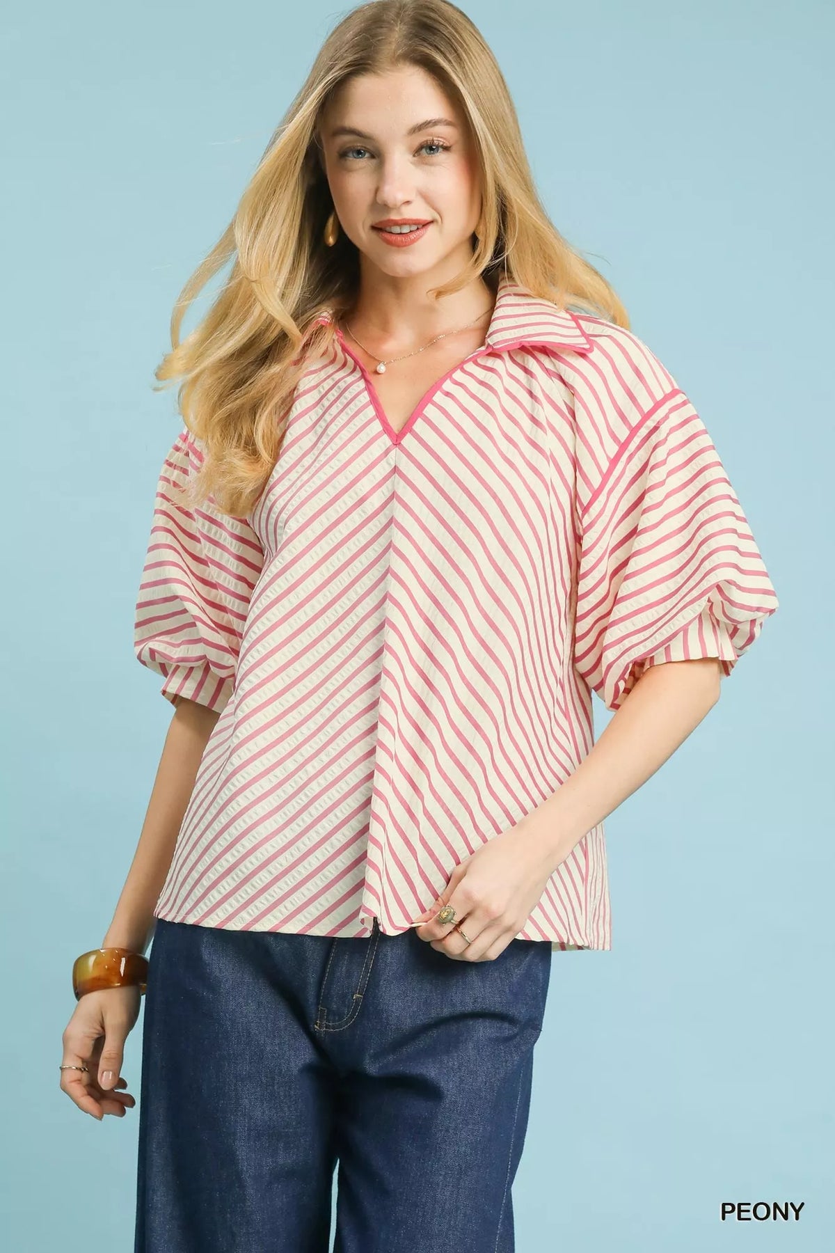 Umgee Chevron Stripe Collared Relaxed Top PEONY OutfitFlow