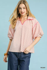 Umgee Chevron Stripe Collared Relaxed Top PEONY OutfitFlow