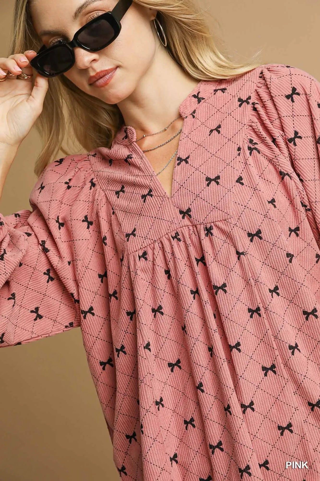 Umgee Corduroy Bow Print Balloon Sleeve Blouse Trendsi