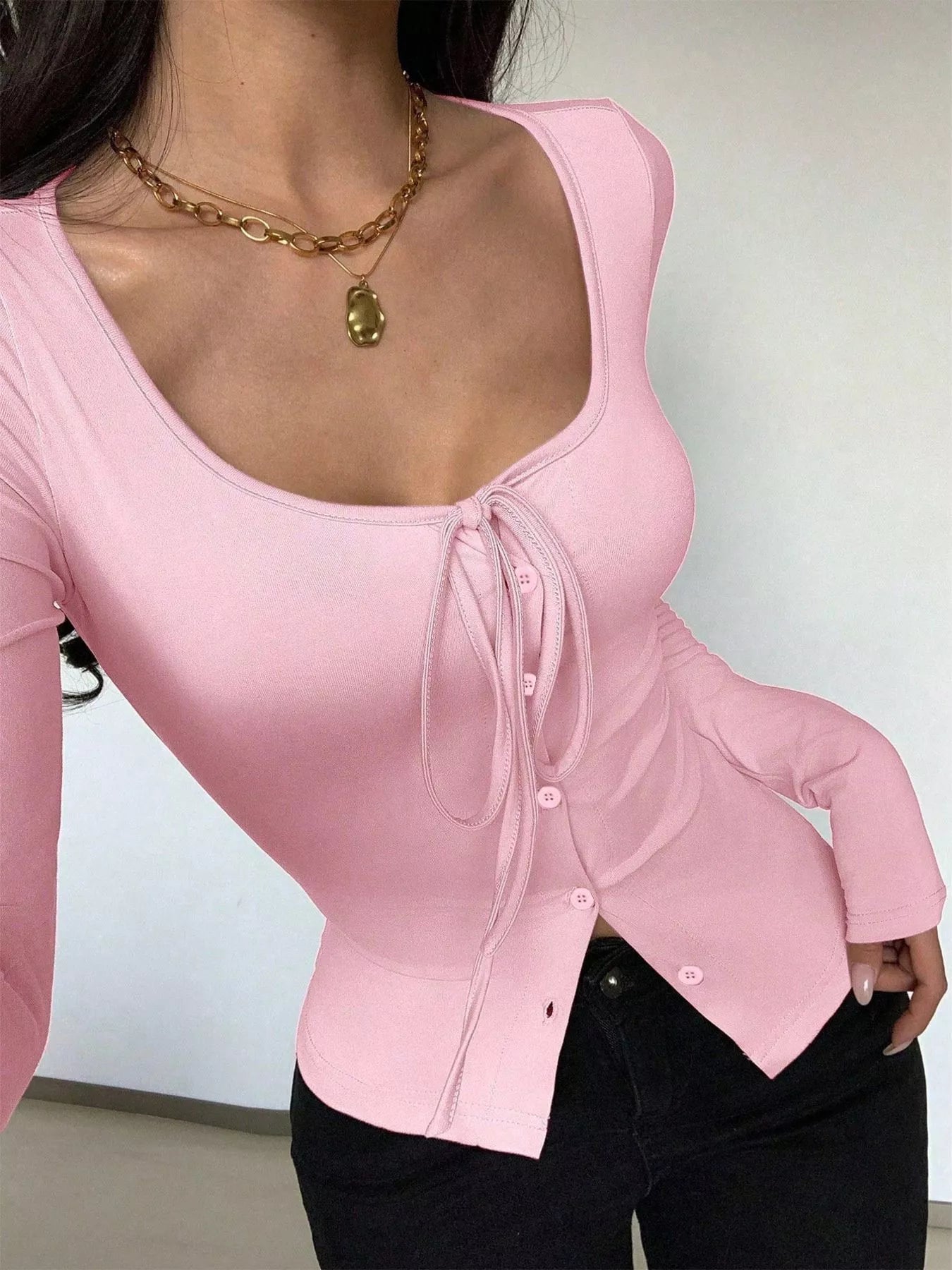 Long Sleeve Scoop Neck Tie Front T-Shirt OutfitFlow