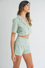 MABLE Eyelet Short Sleeve Crop Top and Shorts Set OutfitFlow