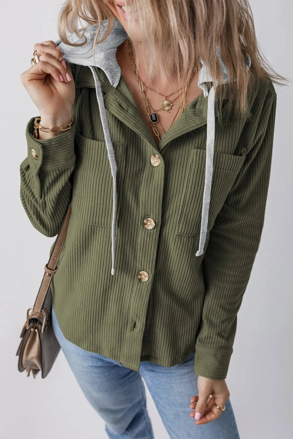 Drawstring Button Up Long Sleeve Hooded Jacket Moss OutfitFlow