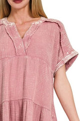 Zenana Washed Double Gauze Raw Edge V-Neck Dress OutfitFlow