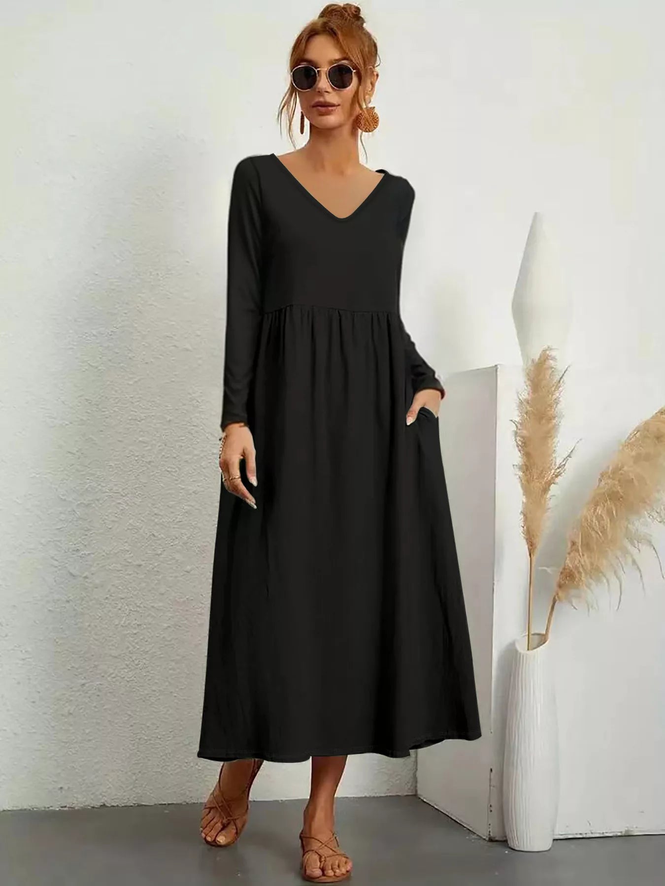 V-Neck Long Sleeve Pocketed Midi Dress Black OutfitFlow