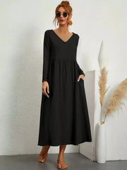V-Neck Long Sleeve Pocketed Midi Dress Black OutfitFlow