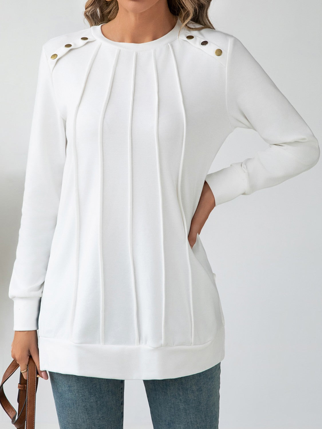 Outfit Flow - Side Slit Round Neck Long Sleeve Blouse