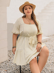 Plus Size Lace Detail Square Neck Puff Sleeve Mini Dress OutfitFlow