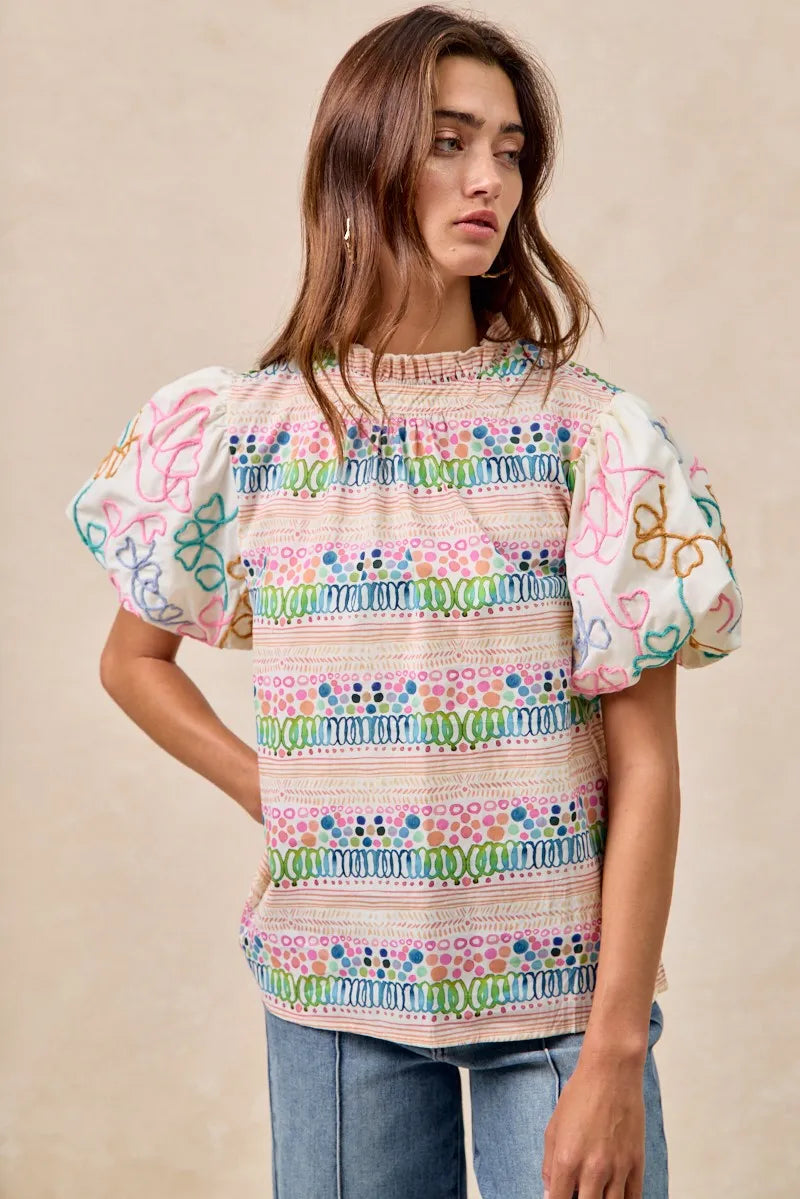 BiBi Ruffle Neckline Blouse With Embroidery Bubble Sleeve OutfitFlow