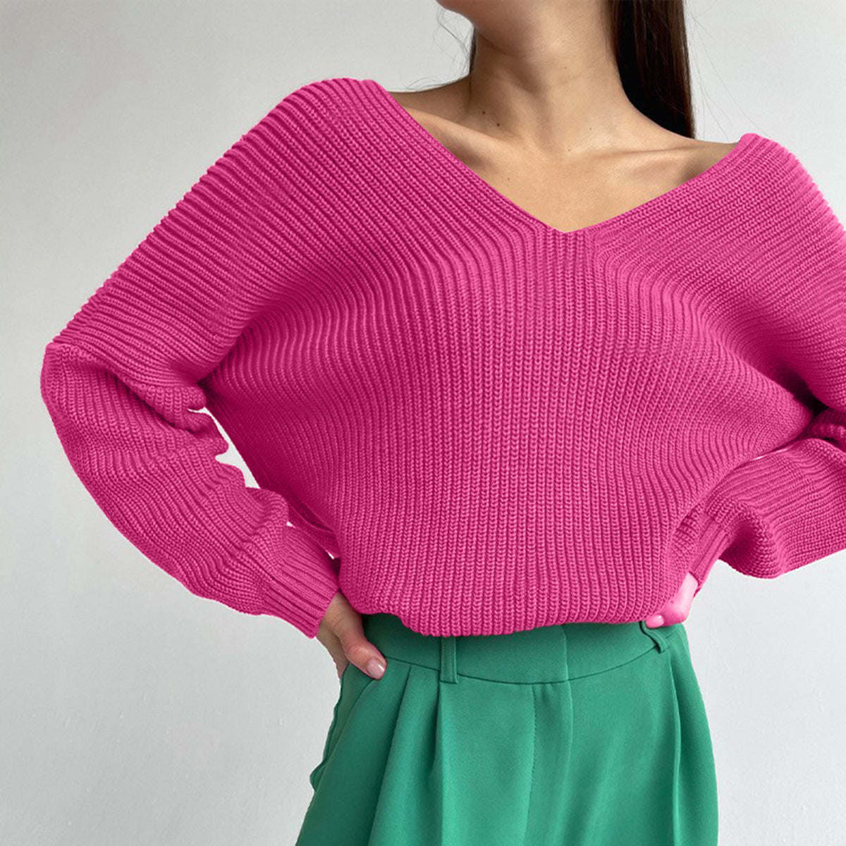 V-Neck Dropped Shoulder Long Sleeve Sweater