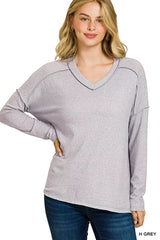Zenana Soft Melange Hacci Exposed Seam Hi-low Tee H GREY OutfitFlow